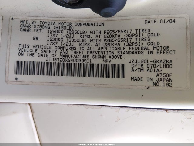 Aukcja sprzedaży 2004 Lexus Gx 470, vin: JTJBT20X940039911, numer aukcji: 44710778