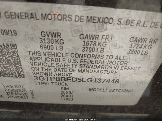 Продаж на аукціоні авто 2020 Gmc Sierra 1500, vin: 3GTP8BED5LG137448, номер лоту: 44710784