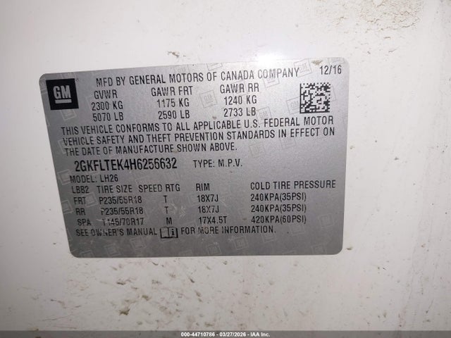 Aukcja sprzedaży 2017 Gmc Terrain Sle-2, vin: 2GKFLTEK4H6256632, numer aukcji: 44710786
