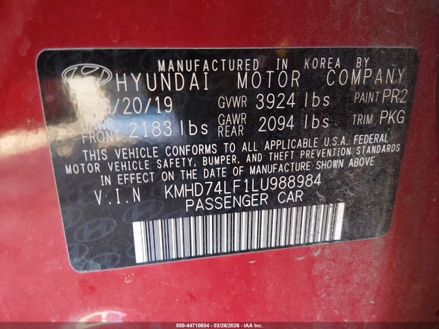 KMHD74LF1LU988984 Hyundai ELANTRA SE