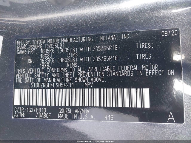 5TDHZRBH4LS054211 Toyota Highlander Xle