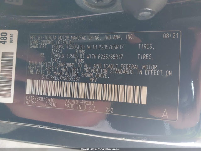 5TDJRKECXMS065367 Toyota SIENNA XLE