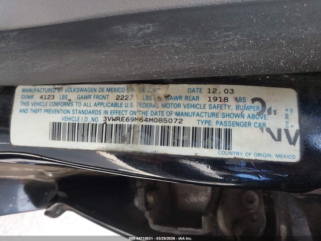 44710831 :رقم المزاد ، 3VWRE69M64M085072 vin ، 2004 Volkswagen Jetta Gl 1.8t مزاد بيع