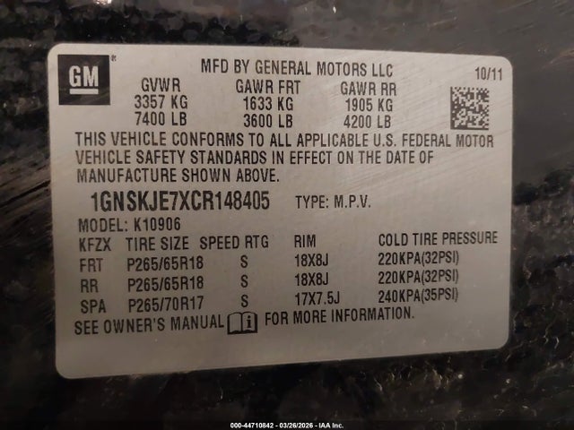 Продаж на аукціоні авто 2012 Chevrolet Suburban 1500 Lt, vin: 1GNSKJE7XCR148405, номер лоту: 44710842