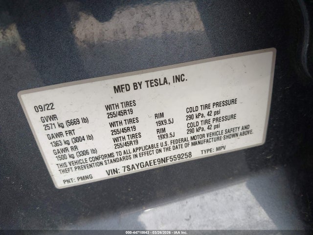 Aukcja sprzedaży 2022 Tesla Model Y Long Range Dual Motor All-wheel Drive, vin: 7SAYGAEE9NF559258, numer aukcji: 44710843