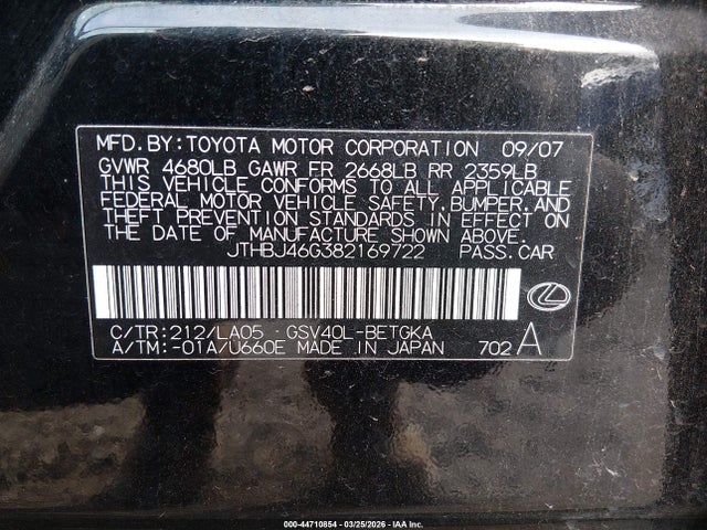 44710854 :رقم المزاد ، JTHBJ46G382169722 vin ، 2008 Lexus Es 350 مزاد بيع