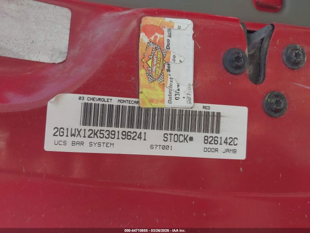 44710855 :رقم المزاد ، 2G1WX12K539196241 vin ، 2003 Chevrolet Monte Carlo Ss مزاد بيع