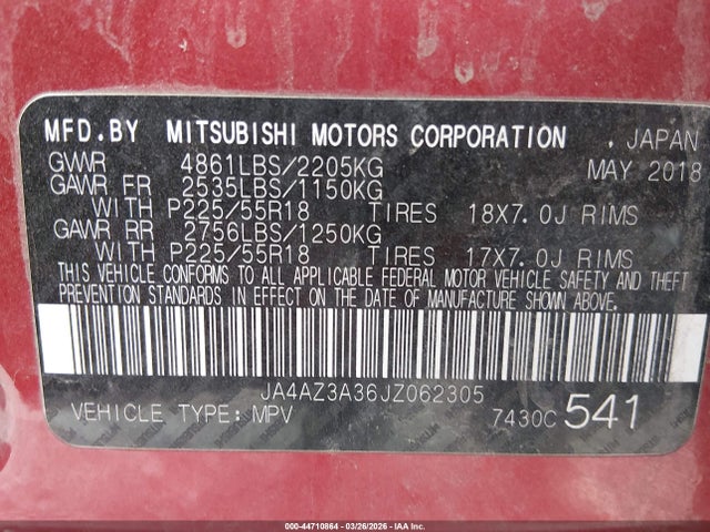 Aukcja sprzedaży 2018 Mitsubishi Outlander Es, vin: JA4AZ3A36JZ062305, numer aukcji: 44710864