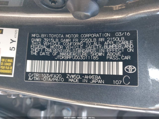 JTDKBRFU0G3011185 Toyota Prius Two