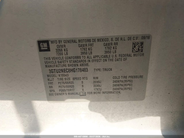 Aukcja sprzedaży 2017 Gmc Sierra 1500 Slt, vin: 3GTU2NEC8HG178483, numer aukcji: 44710898