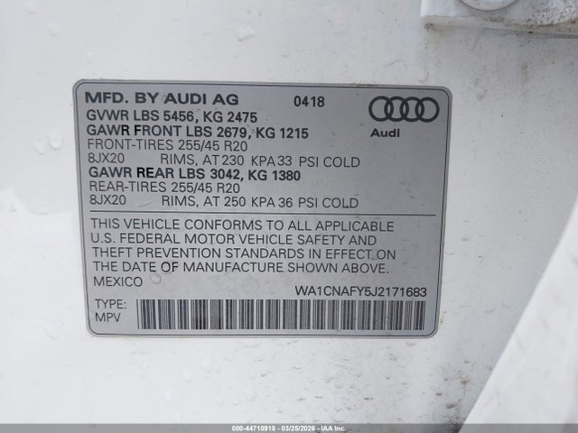 Aukcja sprzedaży 2018 Audi Q5 2.0t Premium/2.0t Tech Premium, vin: WA1CNAFY5J2171683, numer aukcji: 44710918