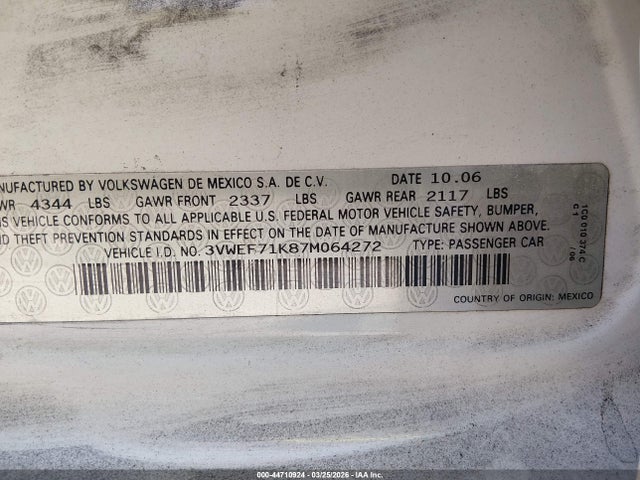 Aukcja sprzedaży 2007 Volkswagen Jetta Wolfsburg Edition, vin: 3VWEF71K87M064272, numer aukcji: 44710924