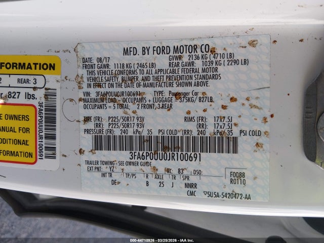 3FA6P0UU0JR100691 Ford Fusion Hybrid S