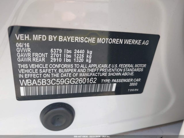 44710936 :رقم المزاد ، WBA5B3C59GG260162 vin ، 2016 Bmw 535i Xdrive مزاد بيع