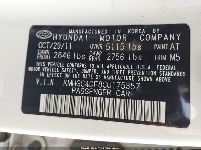 44710946 :رقم المزاد ، KMHGC4DF8CU175357 vin ، 2012 Hyundai Genesis 4.6 مزاد بيع