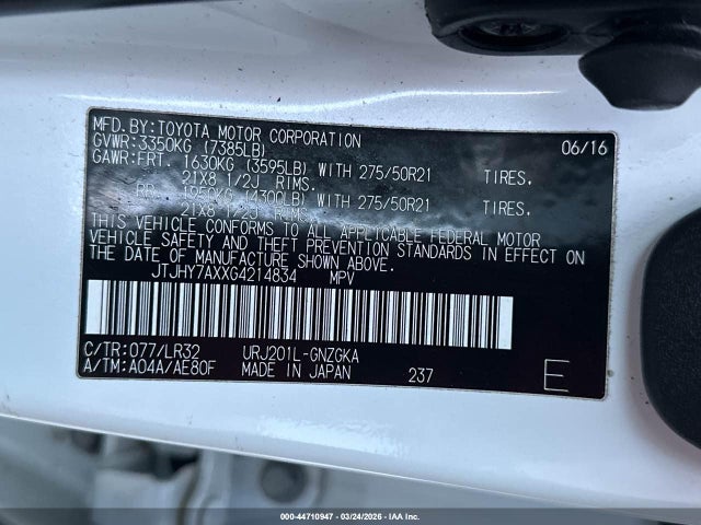 Aukcja sprzedaży 2016 Lexus Lx 570, vin: JTJHY7AXXG4214834, numer aukcji: 44710947