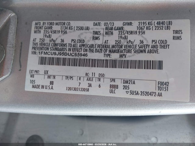 2013 Ford Escape Titanium მანქანა იყიდება აუქციონზე, vin: 1FMCU9J95DUC65946, აუქციონის ნომერი: 44710960
