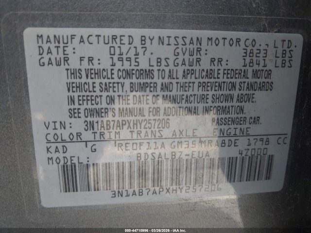 3N1AB7APXHY257206 Nissan SENTRA S