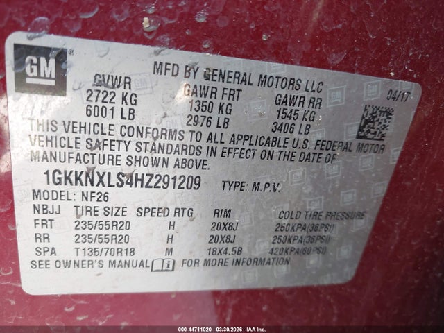 Aukcja sprzedaży 2017 Gmc Acadia Denali, vin: 1GKKNXLS4HZ291209, numer aukcji: 44711020