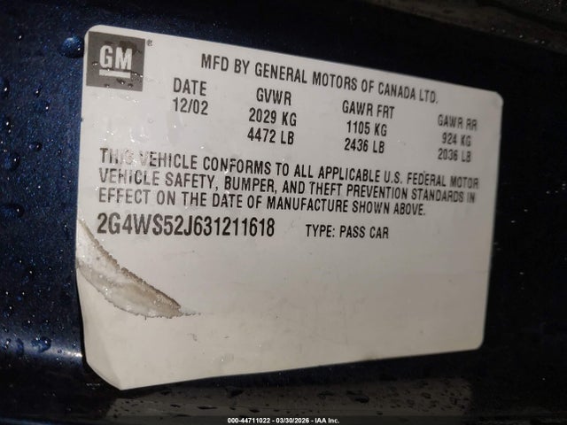 2003 Buick Century Custom მანქანა იყიდება აუქციონზე, vin: 2G4WS52J631211618, აუქციონის ნომერი: 44711022
