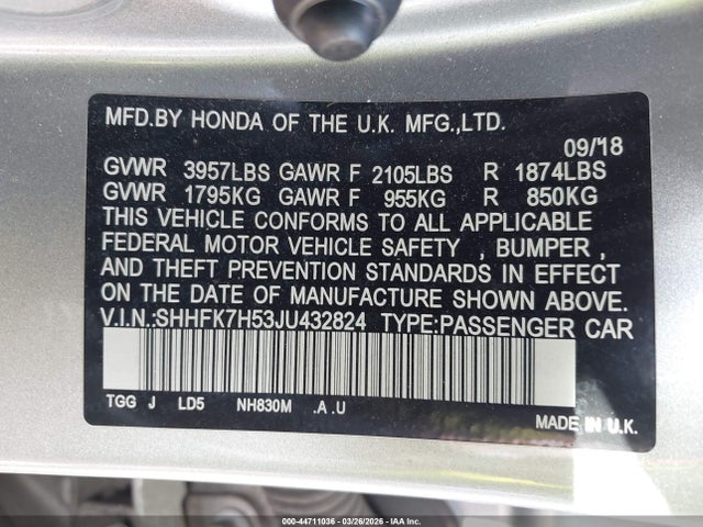 SHHFK7H53JU432824 Honda CIVIC EX