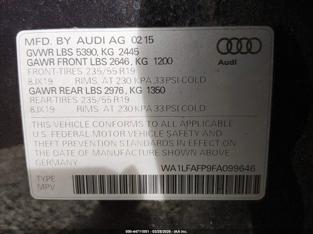 44711051 :رقم المزاد ، WA1LFAFP9FA099646 vin ، 2015 Audi Q5 2.0t Premium مزاد بيع