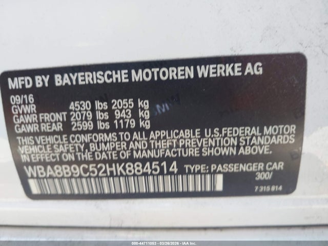 44711053 :رقم المزاد ، WBA8B9C52HK884514 vin ، 2017 Bmw 330i مزاد بيع