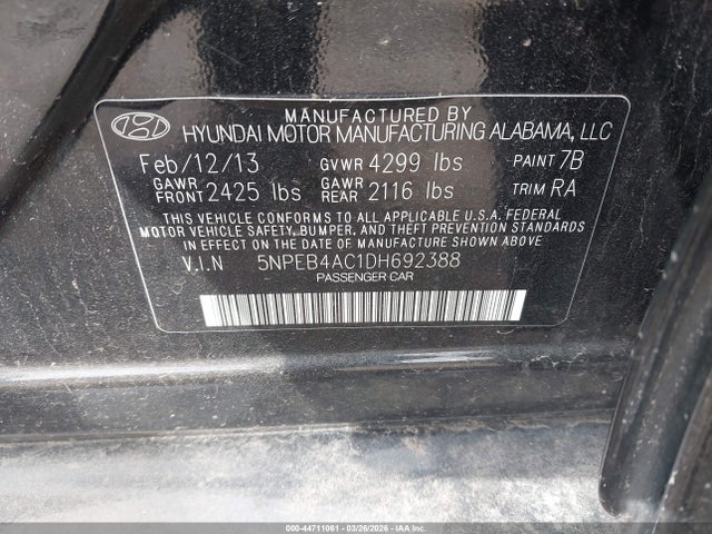 Aukcja sprzedaży 2013 Hyundai Sonata Gls, vin: 5NPEB4AC1DH692388, numer aukcji: 44711061