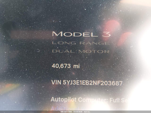 Aukcja sprzedaży 2022 Tesla Model 3 Long Range Dual Motor All-wheel Drive, vin: 5YJ3E1EB2NF203687, numer aukcji: 44711064