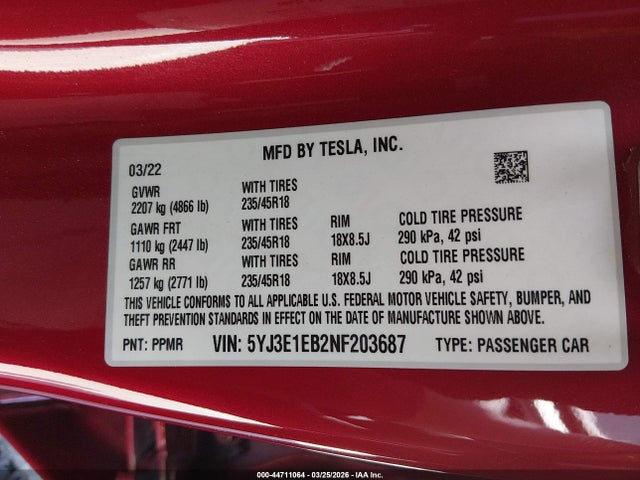 Aukcja sprzedaży 2022 Tesla Model 3 Long Range Dual Motor All-wheel Drive, vin: 5YJ3E1EB2NF203687, numer aukcji: 44711064