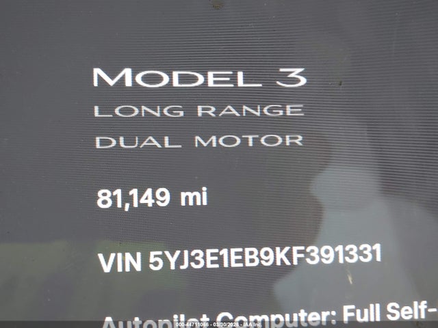 44711066 :رقم المزاد ، 5YJ3E1EB9KF391331 vin ، 2019 Tesla Model 3 Long Range/performance مزاد بيع
