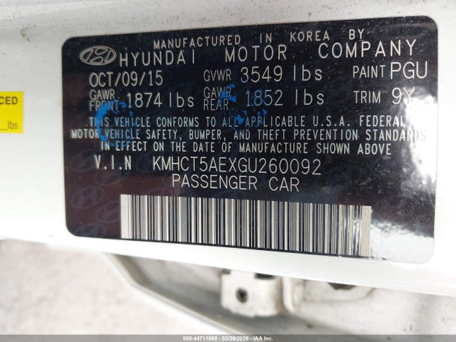 Продажа на аукционе авто 2016 Hyundai Accent Se, vin: KMHCT5AEXGU260092, номер лота: 44711069