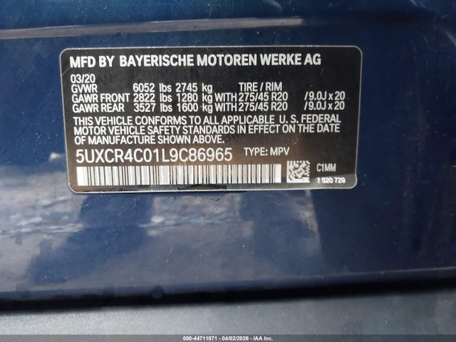 44711071 :رقم المزاد ، 5UXCR4C01L9C86965 vin ، 2020 Bmw X5 Sdrive40i مزاد بيع