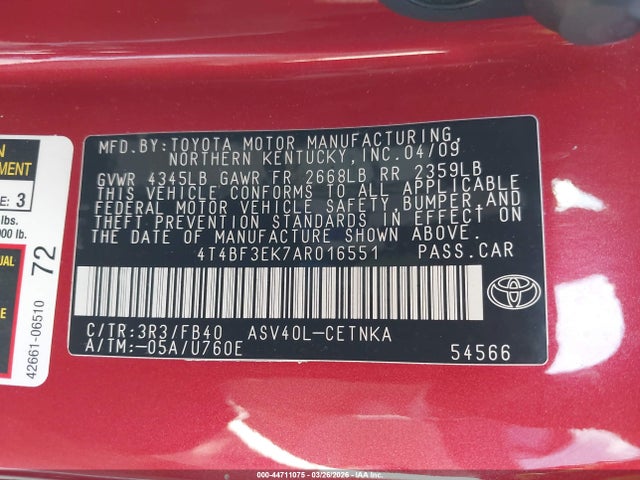 2010 Toyota Camry Le მანქანა იყიდება აუქციონზე, vin: 4T4BF3EK7AR016551, აუქციონის ნომერი: 44711075