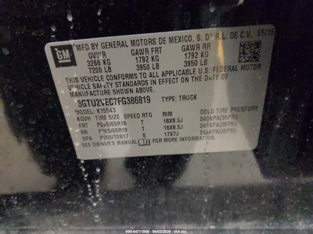 44711086 :رقم المزاد ، 3GTU2VEC7FG386819 vin ، 2015 Gmc Sierra 1500 Slt مزاد بيع