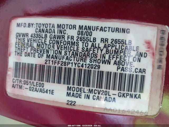 2000 TOYOTA CAMRY SOLARA 2T1FF28P1YC412029 Photo 8
