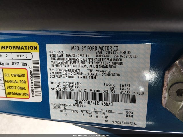 Ford FUSION S 2020 3FA6P0G74LR196673 Image 9