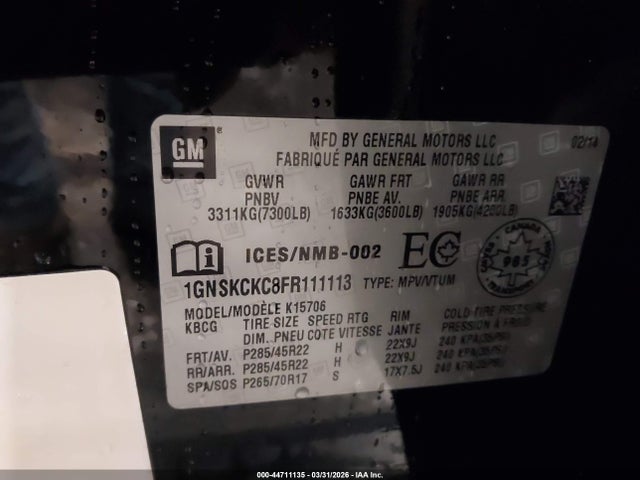 Продаж на аукціоні авто 2015 Chevrolet Tahoe Ltz, vin: 1GNSKCKC8FR111113, номер лоту: 44711135