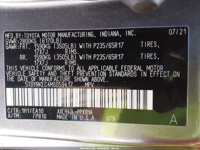 2021 Toyota Sienna Xle მანქანა იყიდება აუქციონზე, vin: 5TDYRKEC4MS059417, აუქციონის ნომერი: 44711142