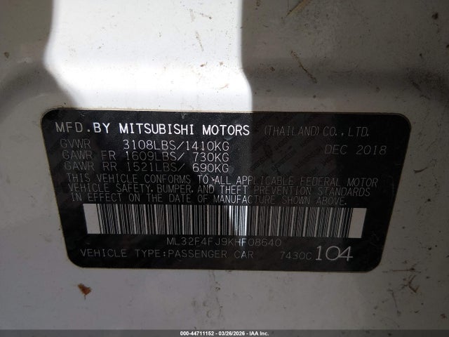Продаж на аукціоні авто 2019 Mitsubishi Mirage G4 Se, vin: ML32F4FJ9KHF08640, номер лоту: 44711152