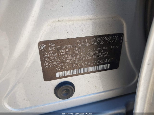 2011 Bmw 535i მანქანა იყიდება აუქციონზე, vin: WBAFR7C59BC603849, აუქციონის ნომერი: 44711182