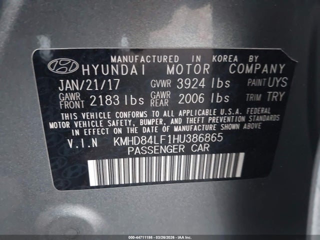 KMHD84LF1HU386865 Hyundai Elantra Value Edition