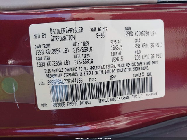 Aukcja sprzedaży 2007 Chrysler Town & Country Limited, vin: 2A8GP64L77R144199, numer aukcji: 44711223