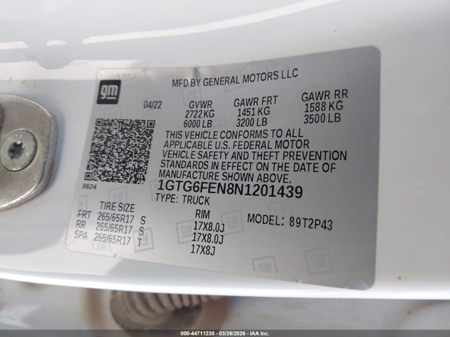 Aukcja sprzedaży 2022 Gmc Canyon 4wd  Short Box At4 - Leather, vin: 1GTG6FEN8N1201439, numer aukcji: 44711230