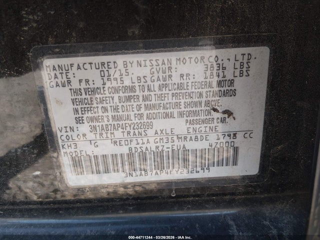 44711244 :رقم المزاد ، 3N1AB7AP4FY232699 vin ، 2015 Nissan Sentra Sr مزاد بيع
