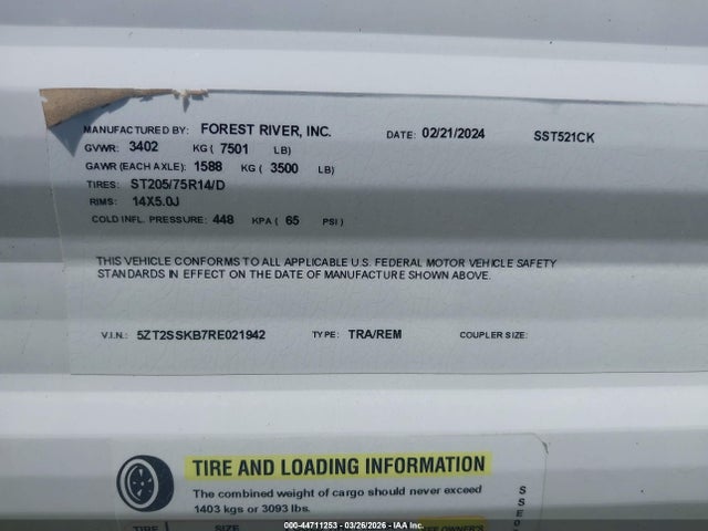 44711253 :رقم المزاد ، 5ZT2SSKB7RE021942 vin ، 2024 Forest River Shasta مزاد بيع