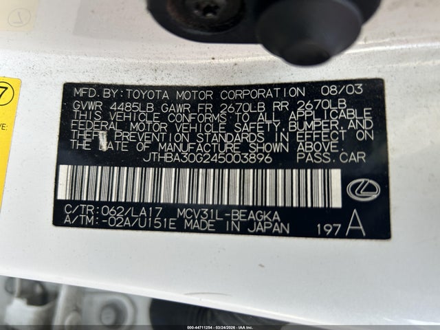 Aukcja sprzedaży 2004 Lexus Es 330, vin: JTHBA30G245003896, numer aukcji: 44711254