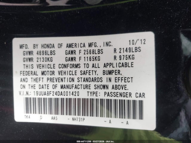 44711256 :رقم المزاد ، 19UUA8F24DA001420 vin ، 2013 Acura Tl 3.5 مزاد بيع