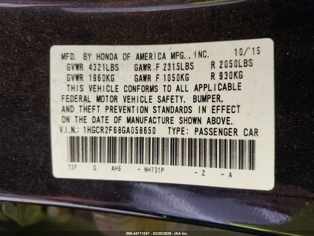 1HGCR2F68GA058650 Honda Accord Sport