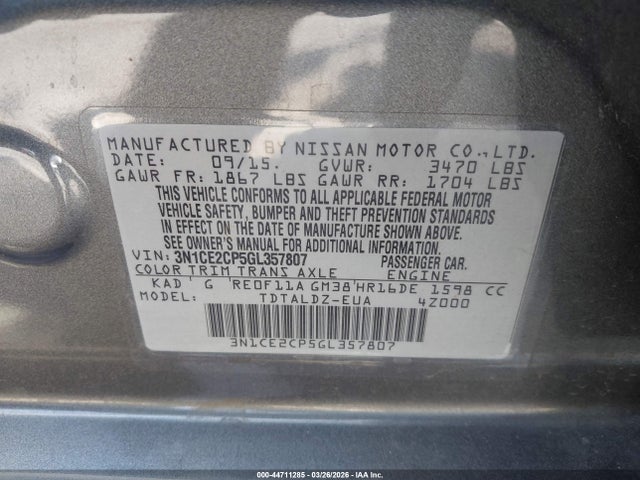 Nissan Versa Note S (sr)/s Plus/sl/sr/sv 2016 3N1CE2CP5GL357807 Image 9